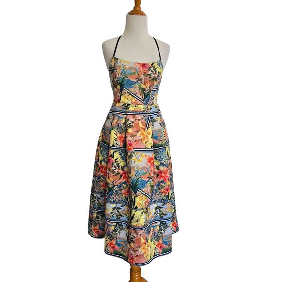 ASOS Tropical Multi Print Dress Scuba Open Back Fit Flare Tomato Girl Women 4 - Picture 1 of 14